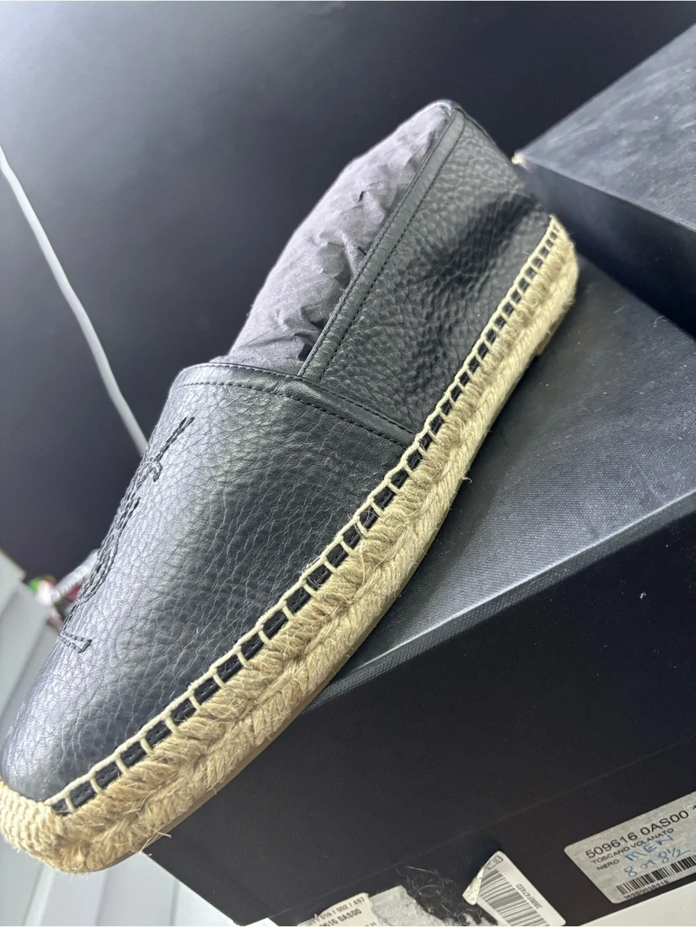 Saint Laurent Black Leather Espadrille with Monogram